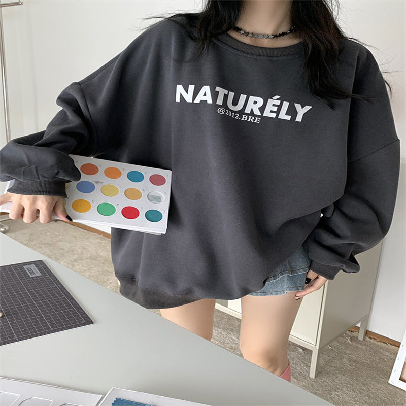 Cozy Fleece-Lined Letter Print Loose Long Sleeve Sweater