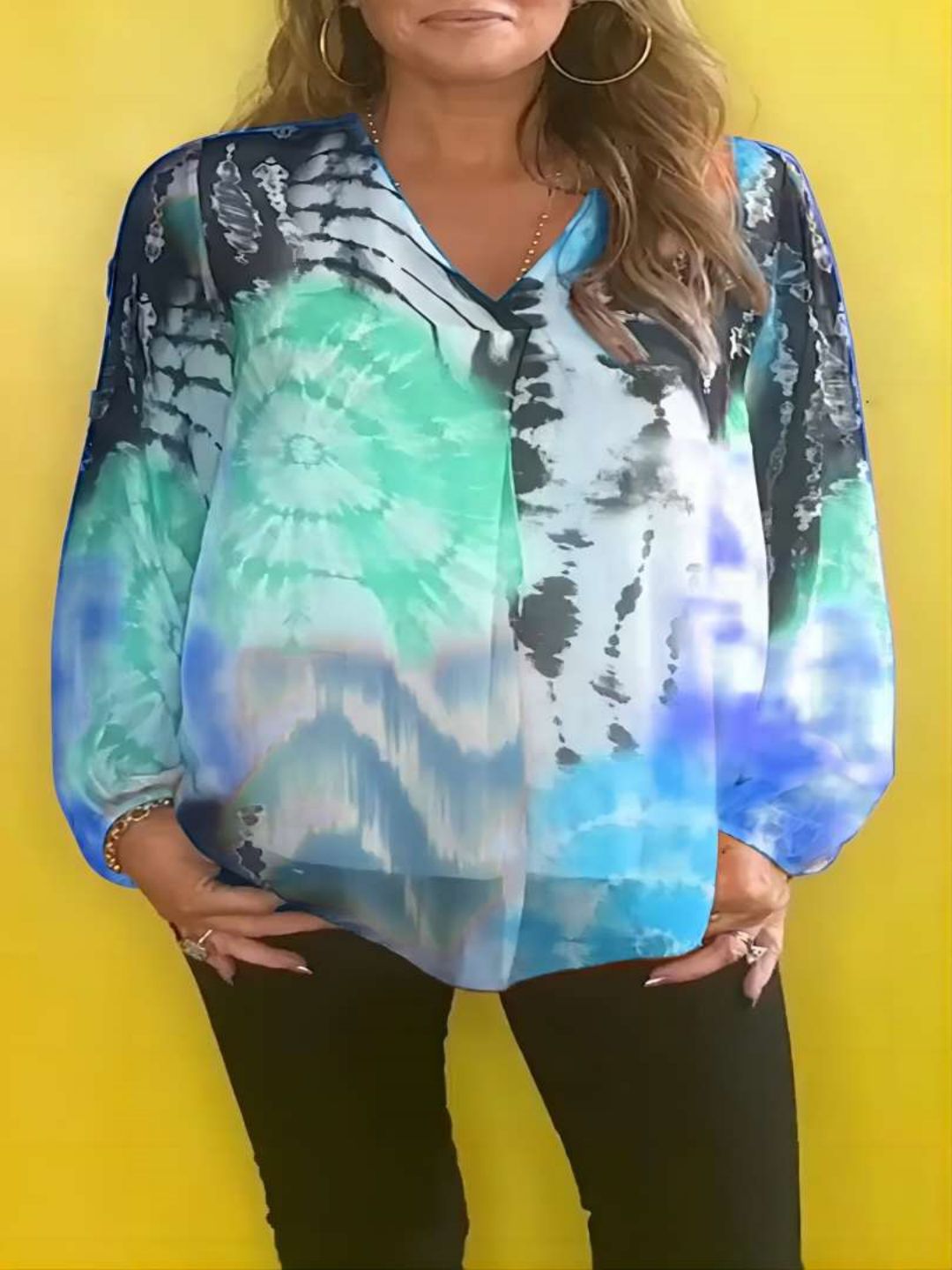 Casual Tie-dye Printing Multicolor V-neck Shirt