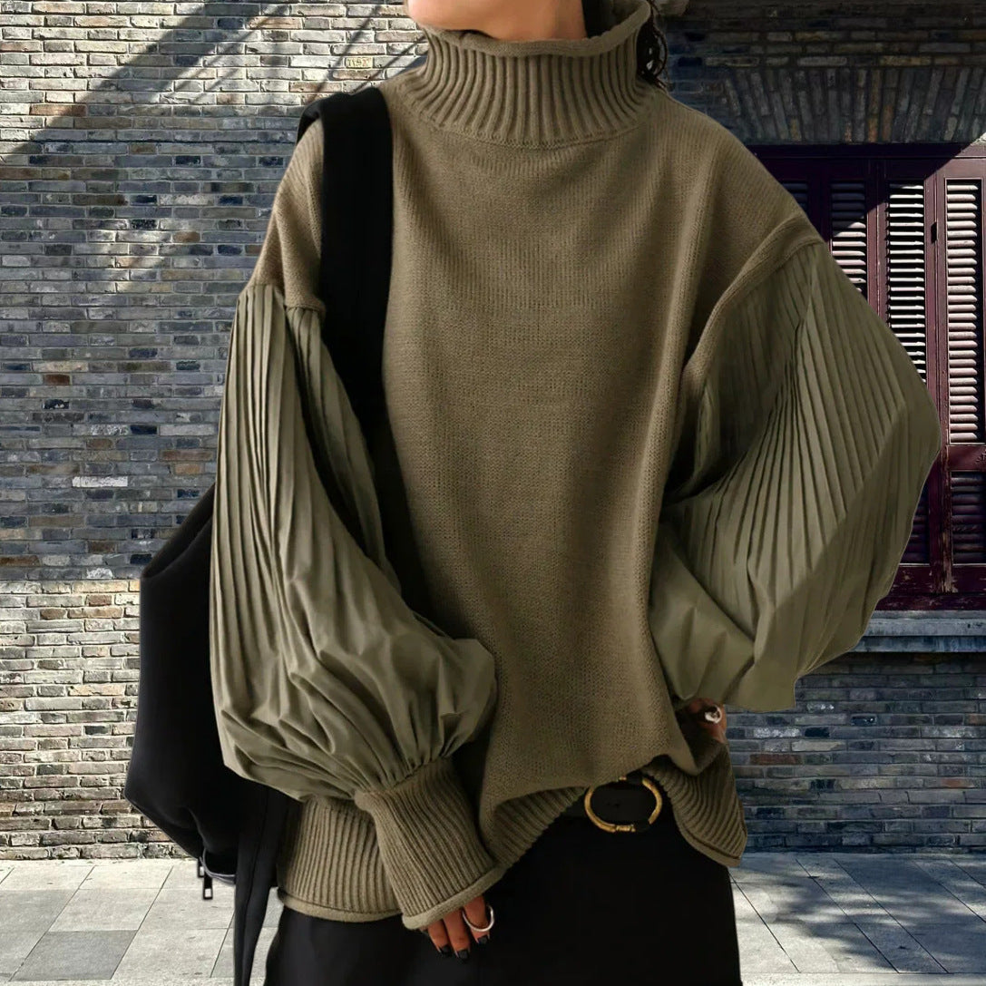Fashion Casual Turtleneck Folding Sleeve Stitching Puff Sleeve Casual Sweater