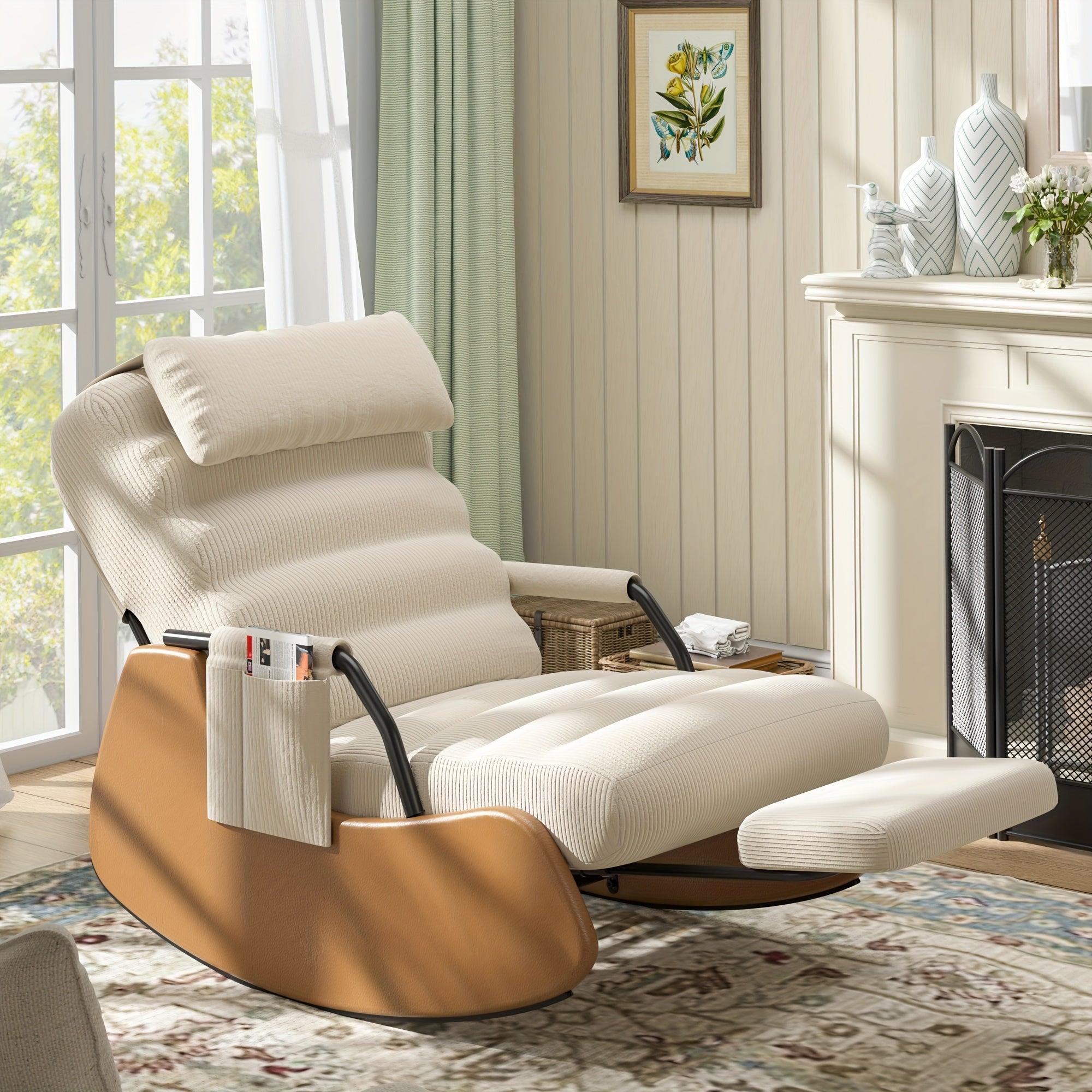 Nursery Glider Rocking Chair with Soft Cushioned Seat and Headrest, Corduroy Upholstery, Manual Rocker, Side Pocket – Dark Grey/Black