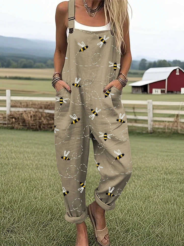 Women's 3D Print Casual Button Suspender Trousers
