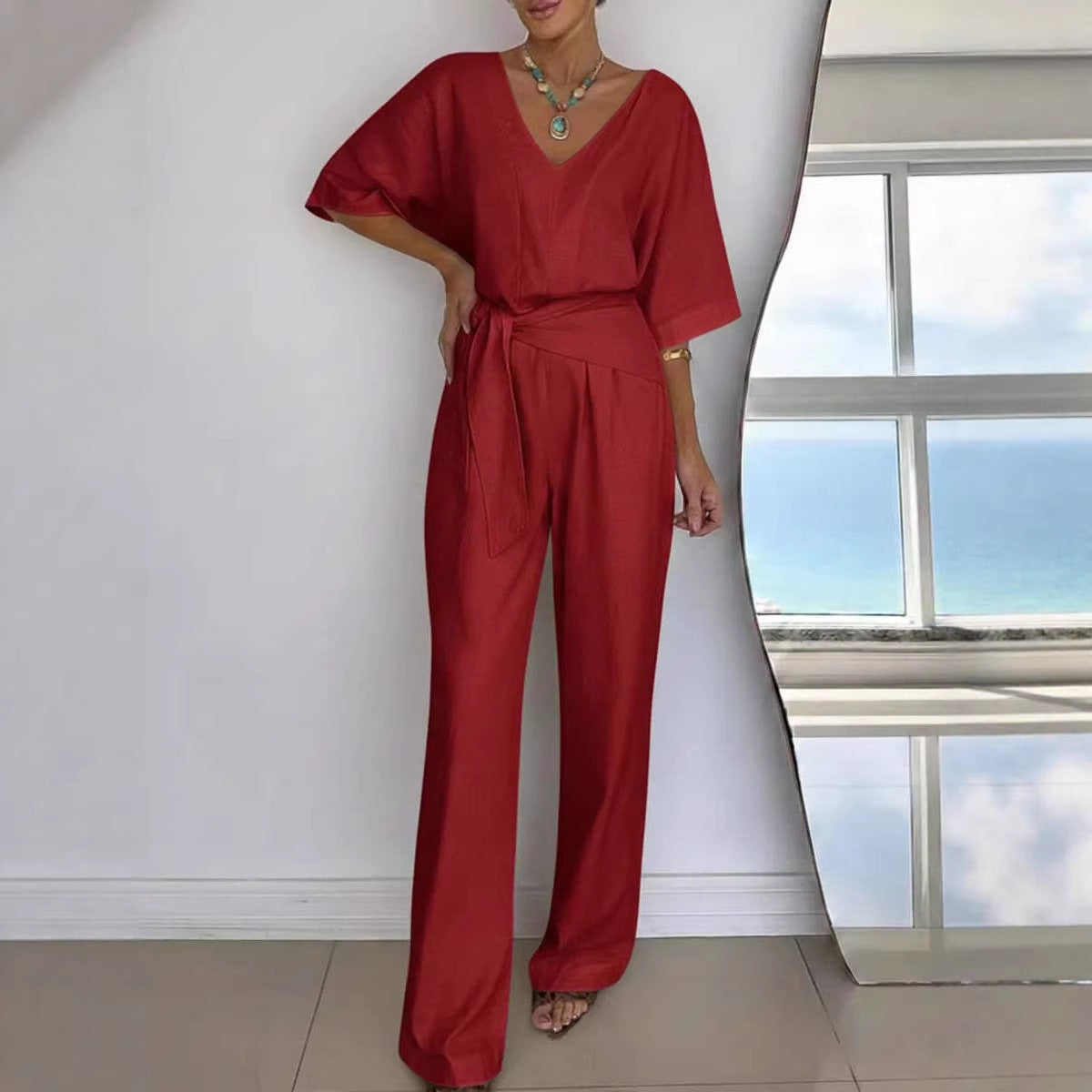 Chic V-Neck Belted Wide-Leg Jumpsuit