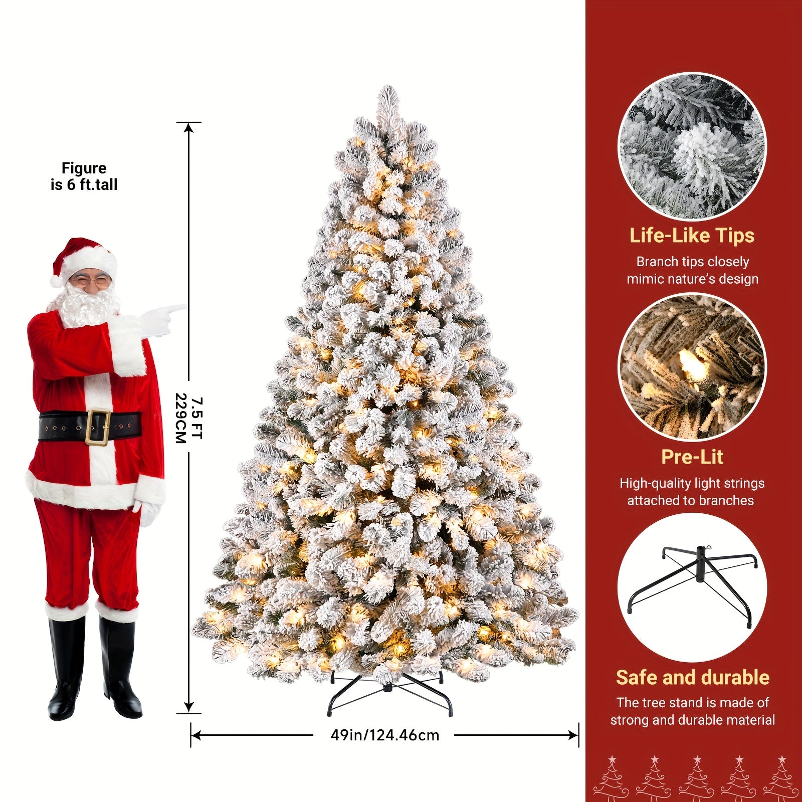Snow Flocked Xmas Tree – 4–9ft, Warm Lights, Foldable Base