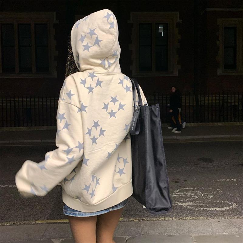 Stars Print Zipper Hooded Cardigan Couple Streetwear Coat