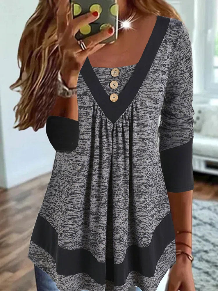 Casual V-neck Long Sleeve Loose Pullover Contrast Color Digital Printing T-shirt