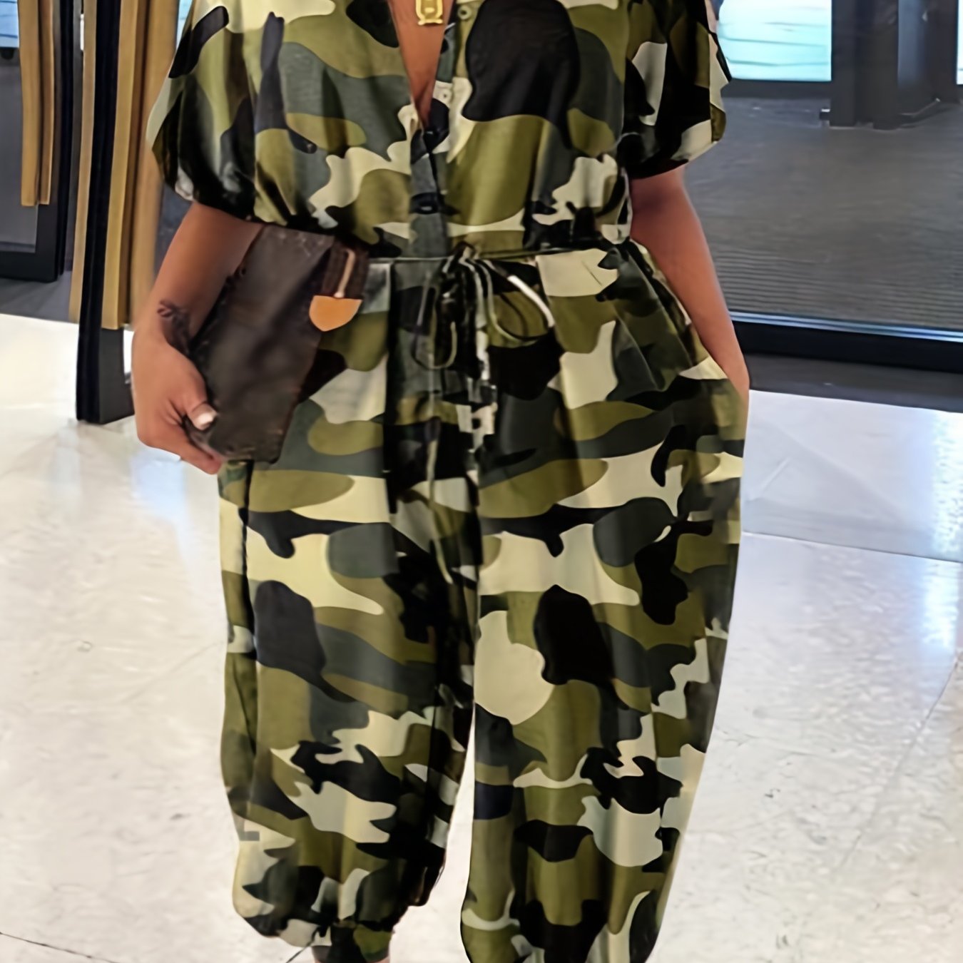 Army Green Camo Loose‑Fit Button‑Collar Jumpsuit with Patchwork Detail – Polyester