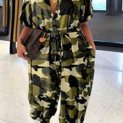 Army Green Camo Loose‑Fit Button‑Collar Jumpsuit with Patchwork Detail – Polyester