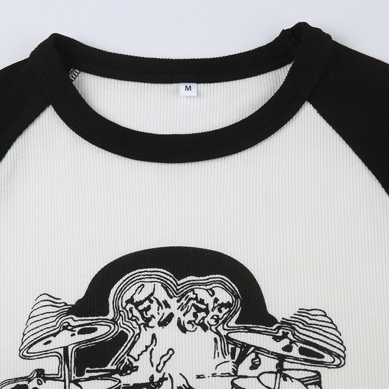Women's Printed Ribbed Raglan Contrast T-Shirt