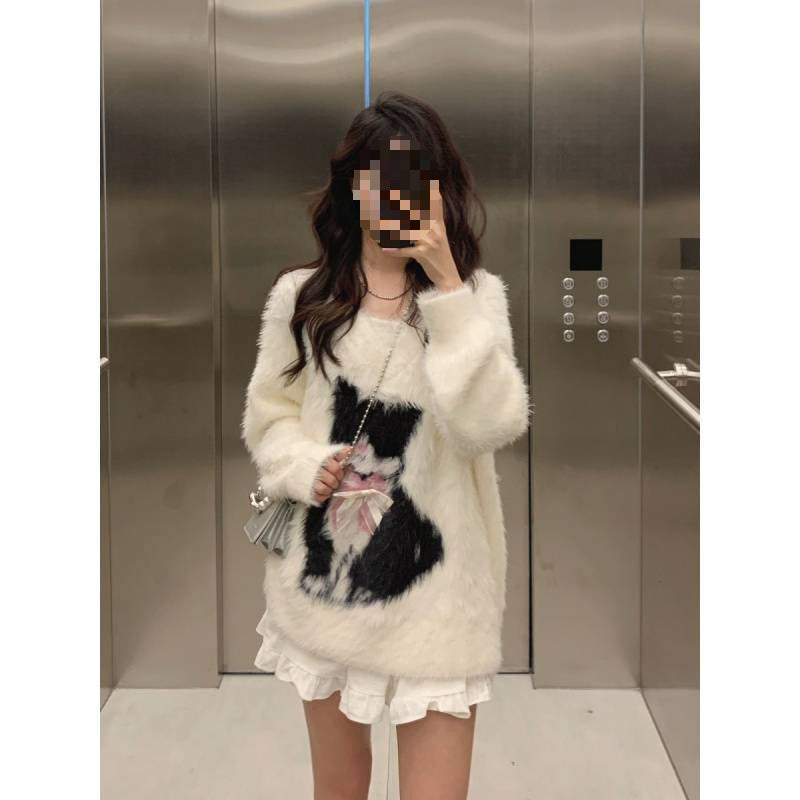 Cat Jacquard Artificial Mink Hair V-neck Sweater