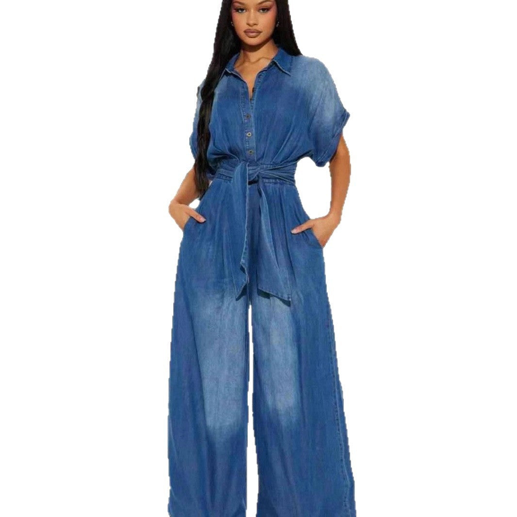 Women's Wide-Leg Denim Jumpsuit with Waist-Cinch