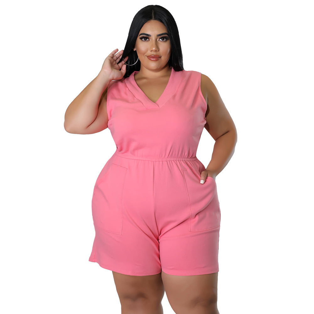 Plus Size V-Neck Casual Sleeveless Waist Overalls Romper