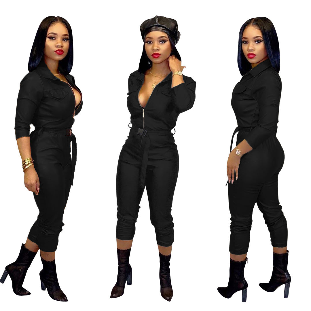 Women's High Elastic Faux Leather Casual Jumpsuit