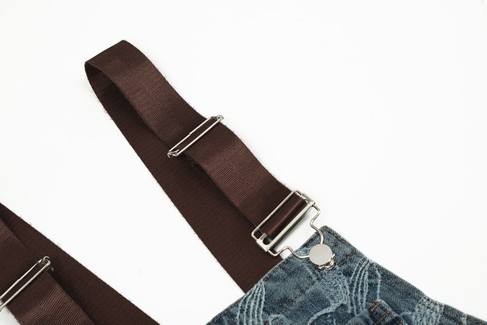 Men's Flower Jacquard Denim Suspender Overalls