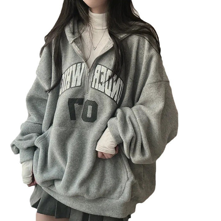 Fleece-Lined Zip-Up Letter Hoodie for Women