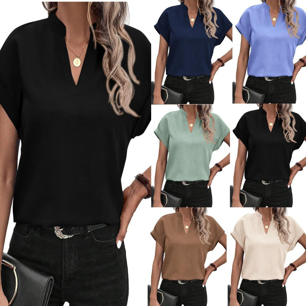 Summer Simplicity Fashion V-neck Short Sleeve Linen Shirt For Women