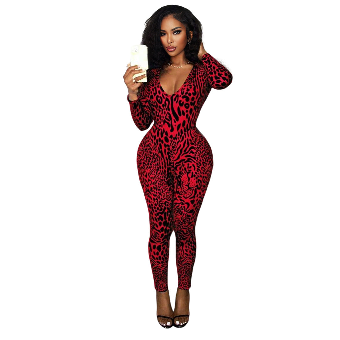 Leopard Print Long-Sleeve Slim-Fit Jumpsuit