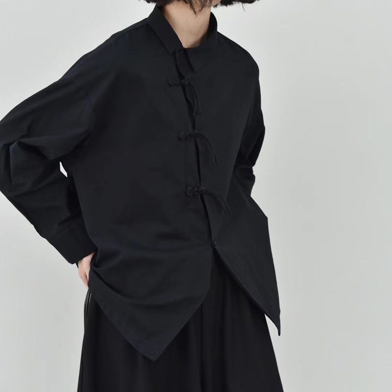 Dark-style Niche-design Womens Shirt Loose-fitting New Chinese-style Top With Frog Buttons And Long Sleeves