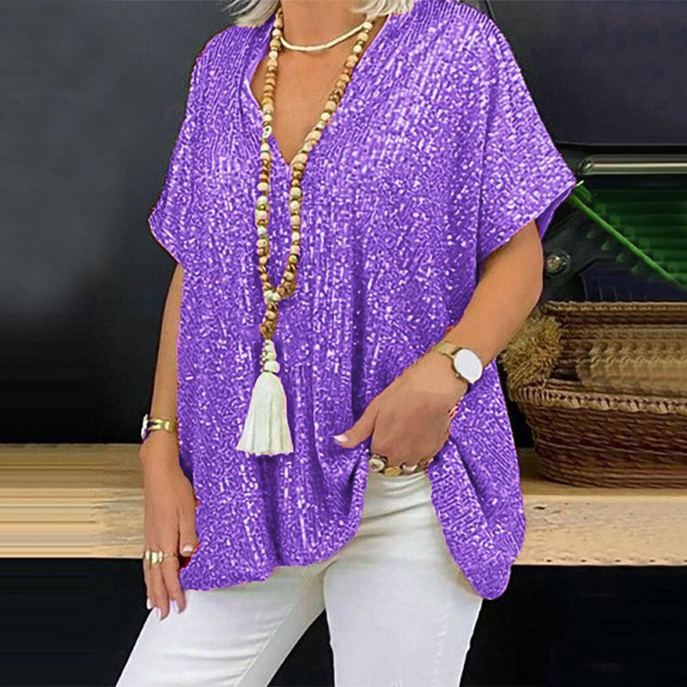 Women's Sequined V-Neck Loose Pullover Top