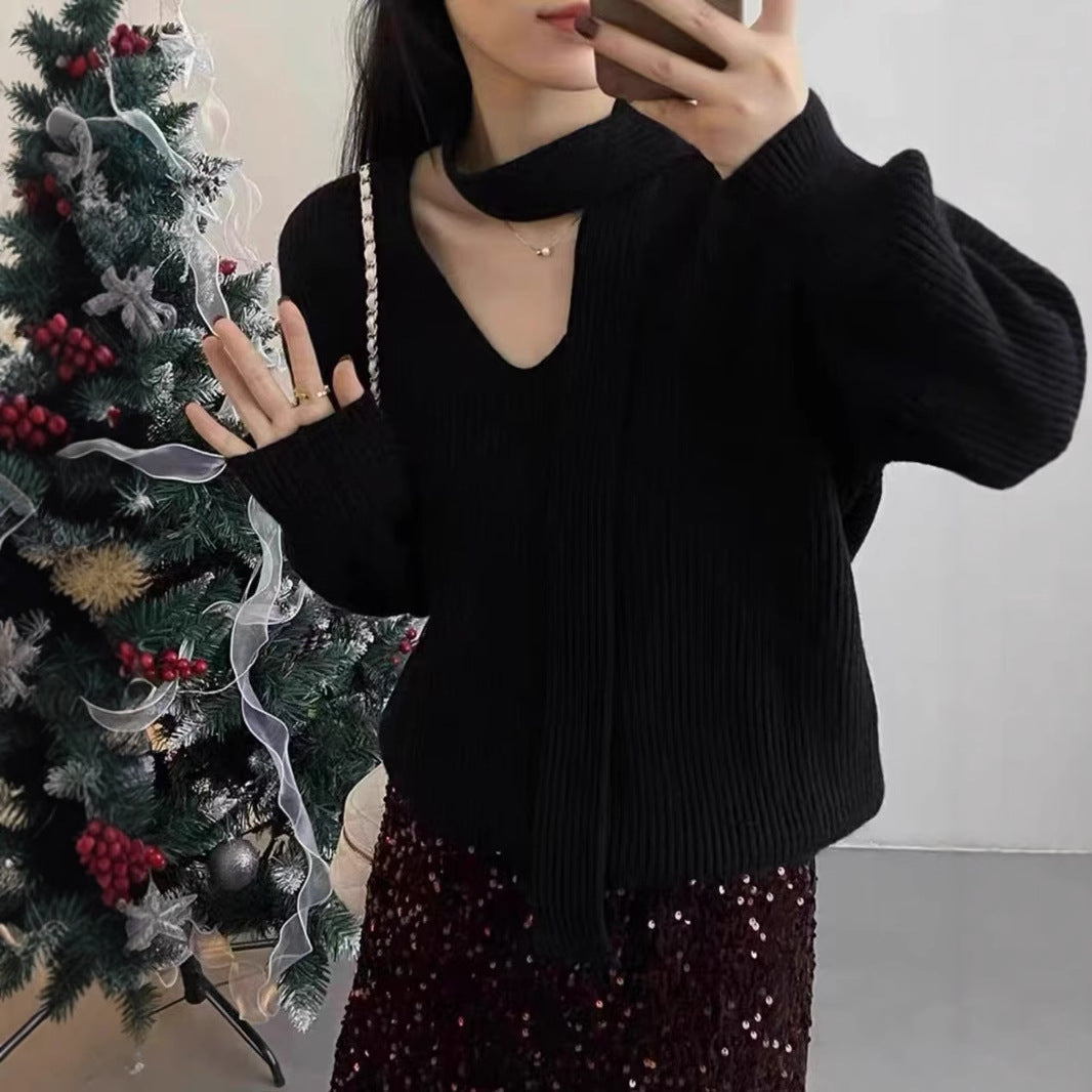 Womens Solid-color Loose V-neck Long-sleeve Sweater with Ribbons