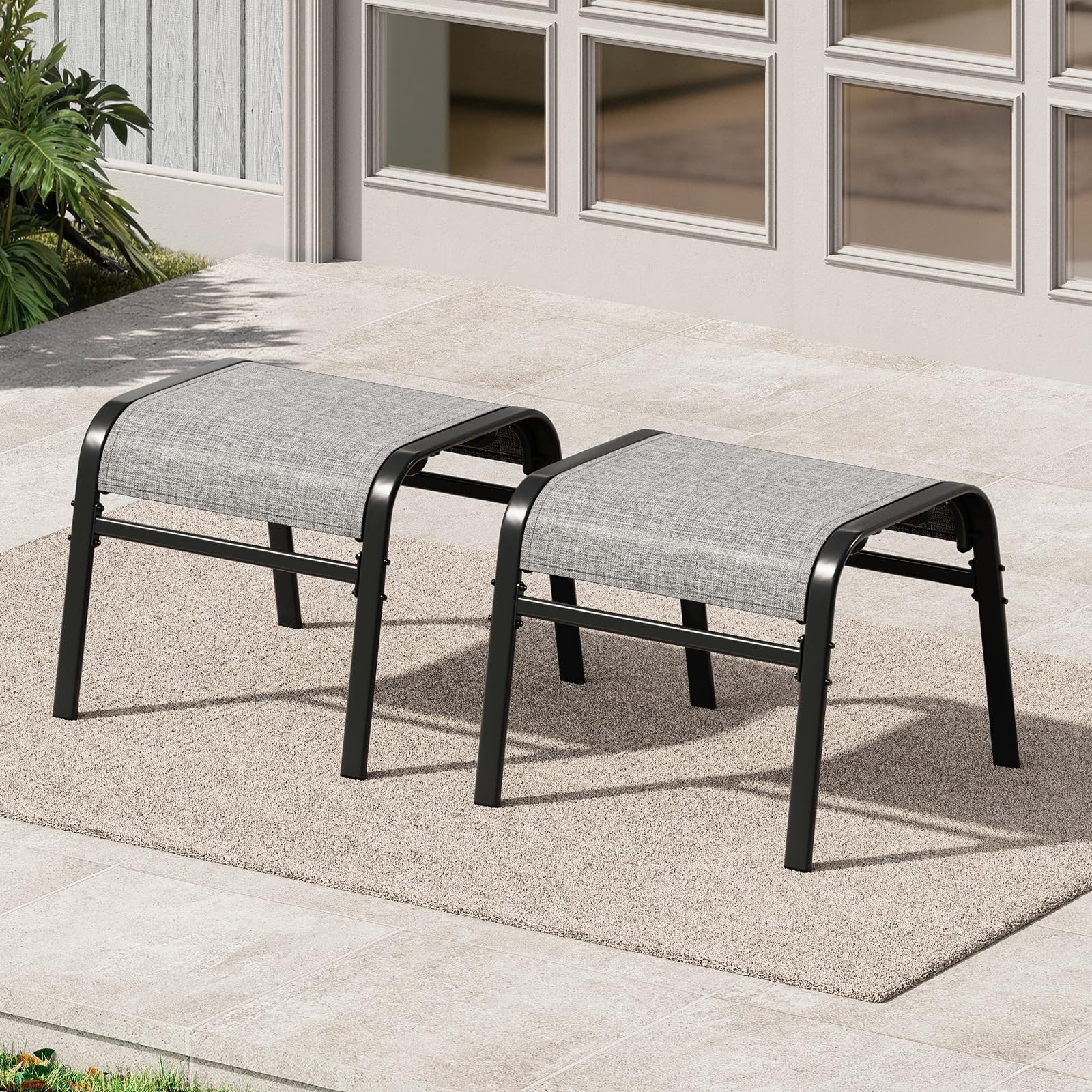 Set of 2 Outdoor Ottomans, Comfort Footstool with Metal Frame, Stackable Oversized Foot Rest for Patio, Garden & Pool, Outside Furniture, Heavy Duty Supportive Leg Rest for Deck, Backyard(Only Ottomans)