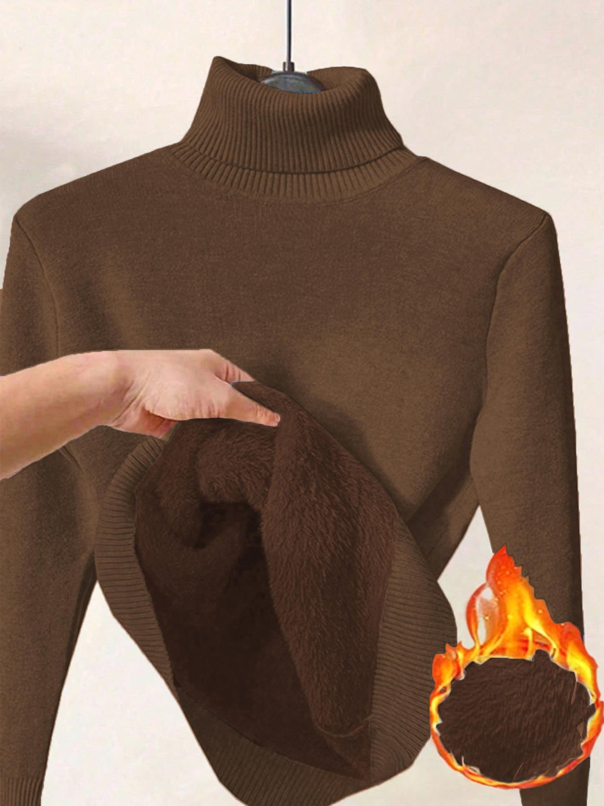 Womens Solid-color Thermal Turtleneck Fleece-lined Sweater