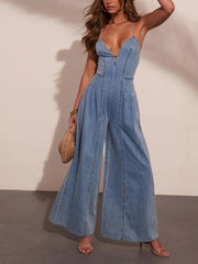 Women's High-Stretch Denim Wide-Leg Jumpsuit