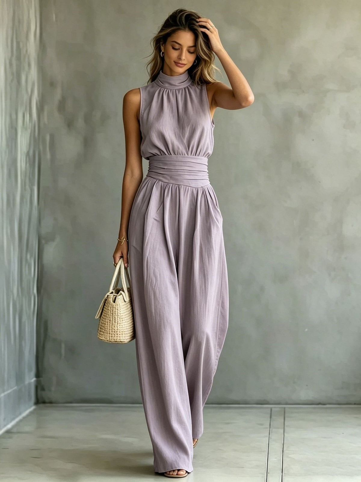 Chic Sleeveless Mock-Neck Wide-Leg Casual Jumpsuit