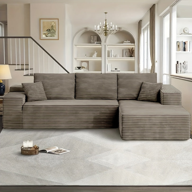 Modular L-shaped chaise longue sofa bed with deep seat and corduroy upholstery