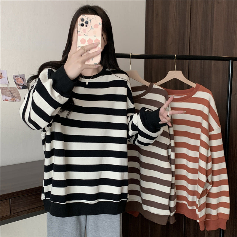 Retro Striped Crew Neck Casual Sweatshirt for Women
