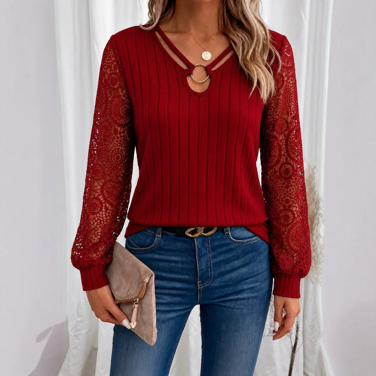 New Patchwork Hollow Out Long Sleeve Top