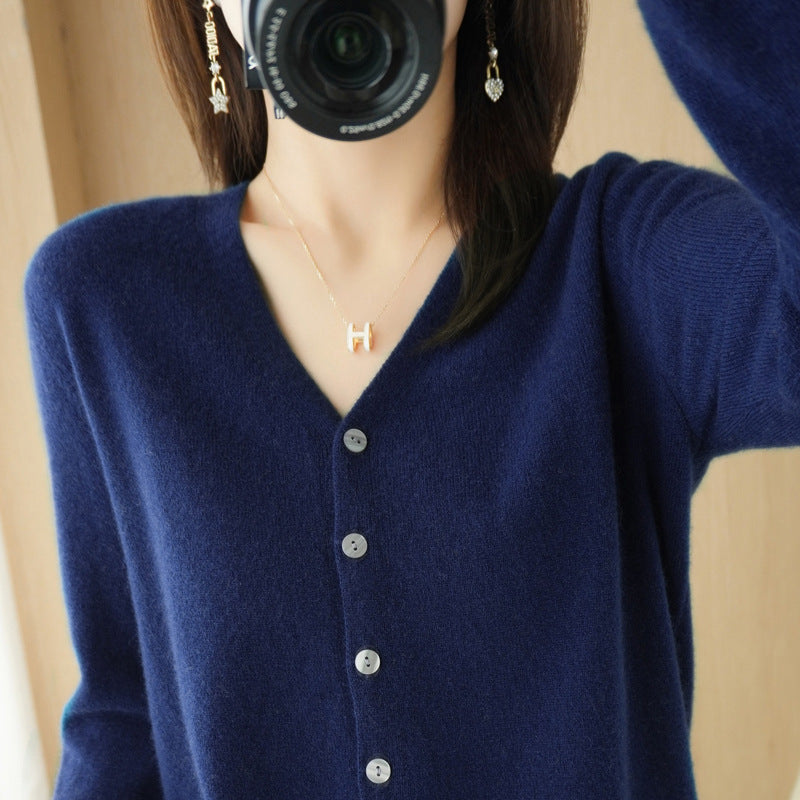 Womens V-neck Casual Solid-color Knitted Long-sleeve Jacket