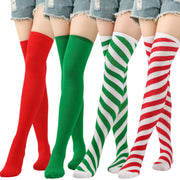 Women’s Over-the-Knee Christmas Socks with Diagonal Stripes in Green