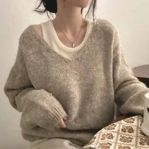 Inner Knitted Vest Loose-fitting Long Sleeve Sweater Two-piece Set