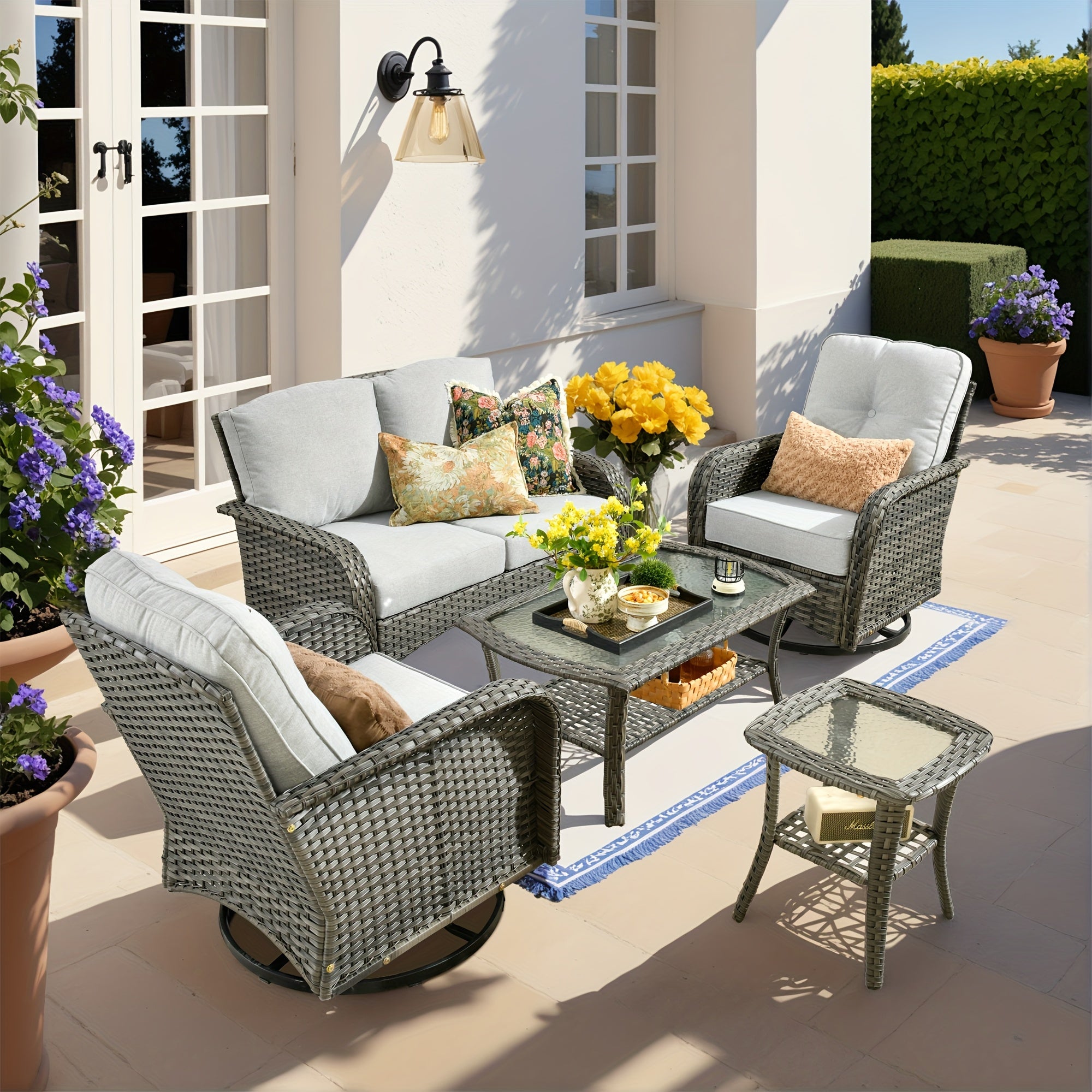 Outdoor Wicker Furniture Collection: Loveseat, Swivel Rocking Chairs, Patio Chairs, Rectangular Table, And Optional Side Table. Made with PE Rattan, Suitable for Patio, Backyard, Pool, Or Garden