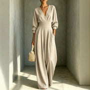V-Neck Long-Sleeve Fitted Waist Wide-Leg Jumpsuit