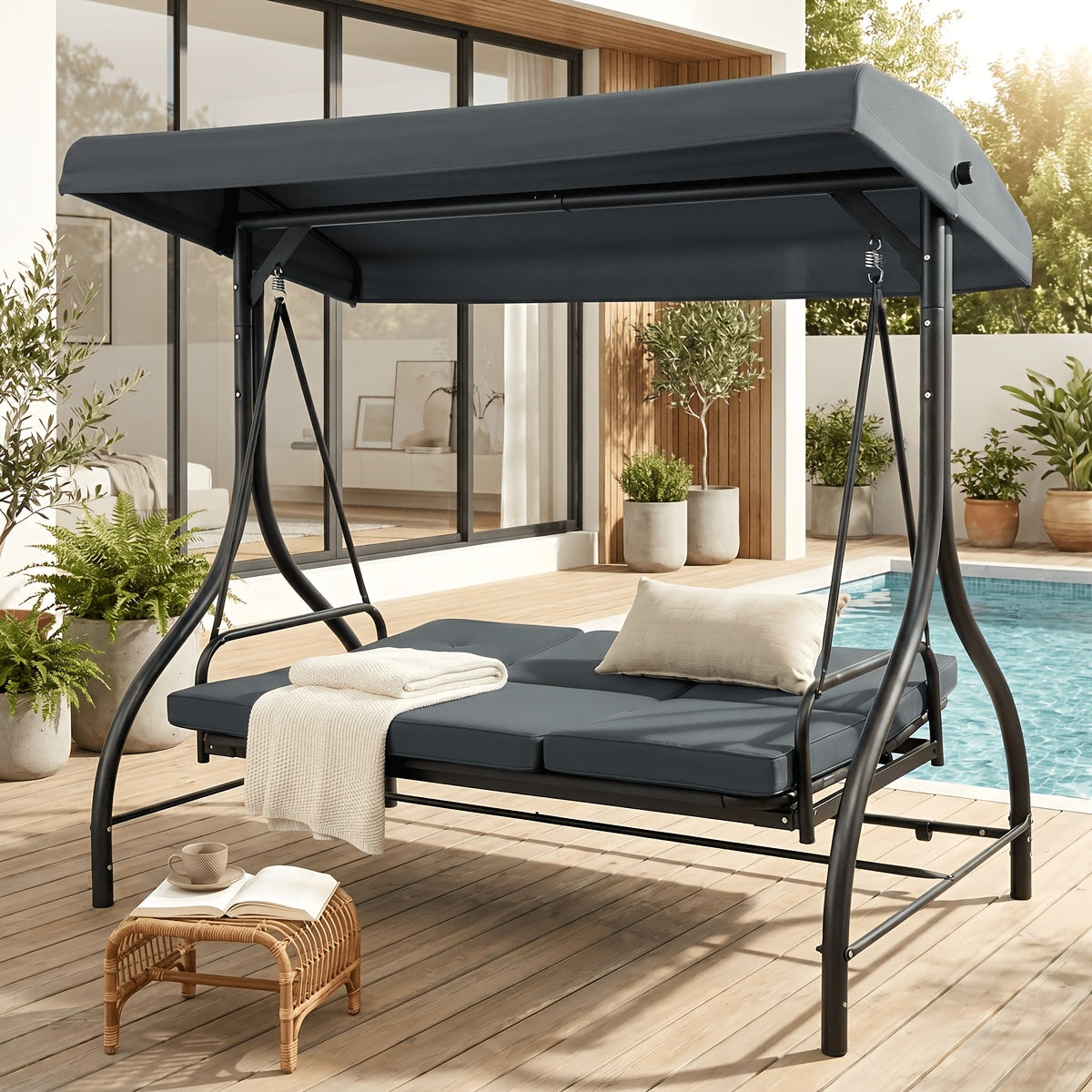 Covered Outdoor Patio Swing Glider with Canopy And Heavy Duty Stand, Adjustable Canopy And Removable Padded Seat, for Adults, Ideal for Porch, Garden, Lawn, Rust Proof Construction for Long Life(Pillow Not Included)
