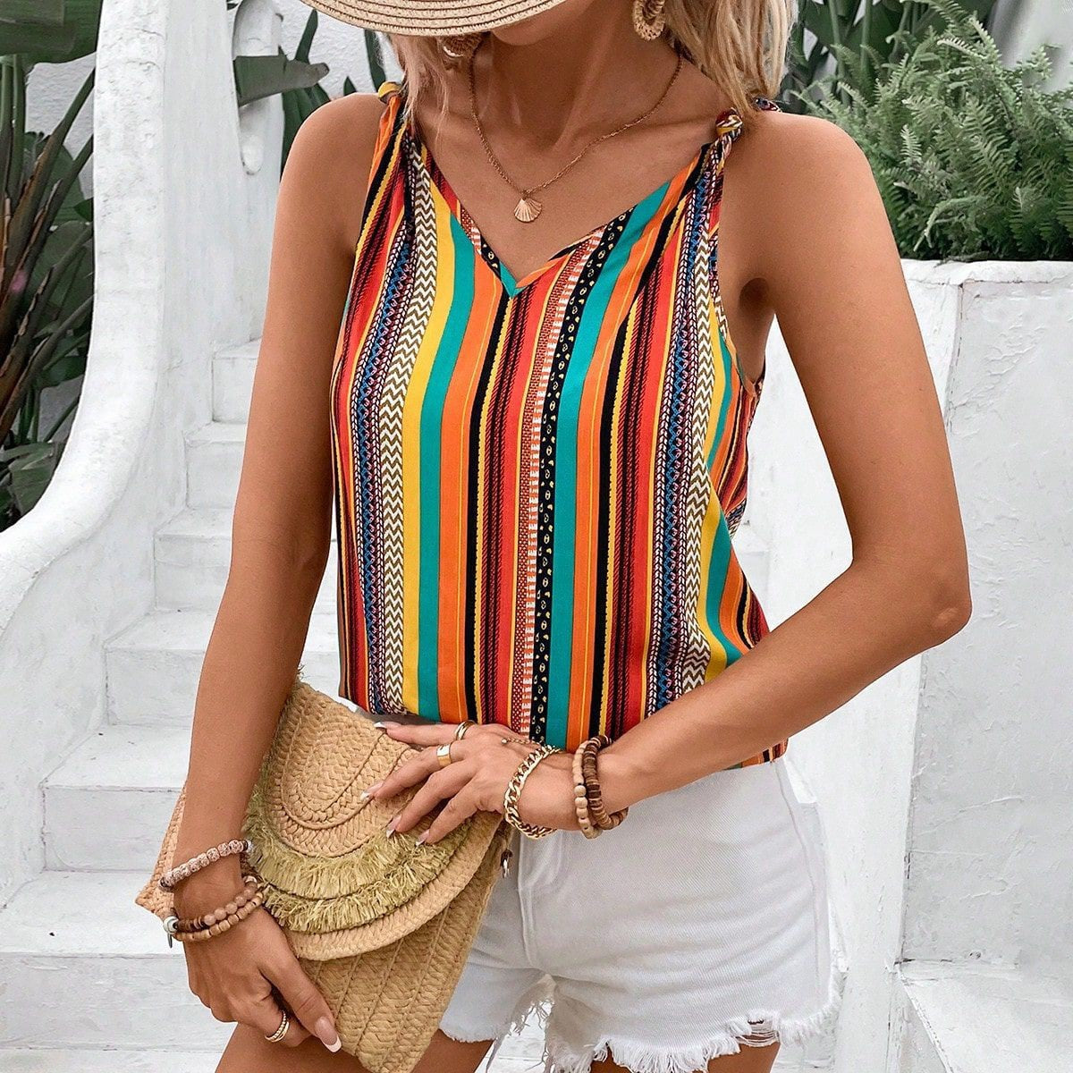V-Neck Striped Sleeveless T-Shirt with Shoulder Straps – Summer Casual