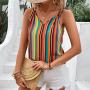 V-Neck Striped Sleeveless T-Shirt with Shoulder Straps – Summer Casual