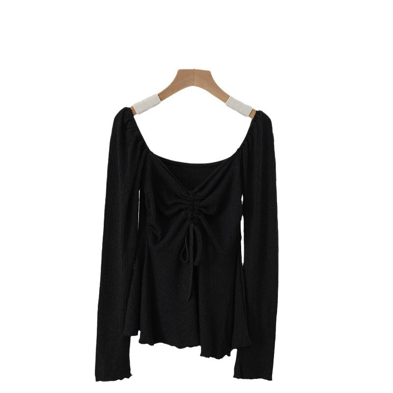 Chinese Gentle Knitted Drawstring V-neck Bottoming Shirt T-shirt Shoulder Slimming Slim Top