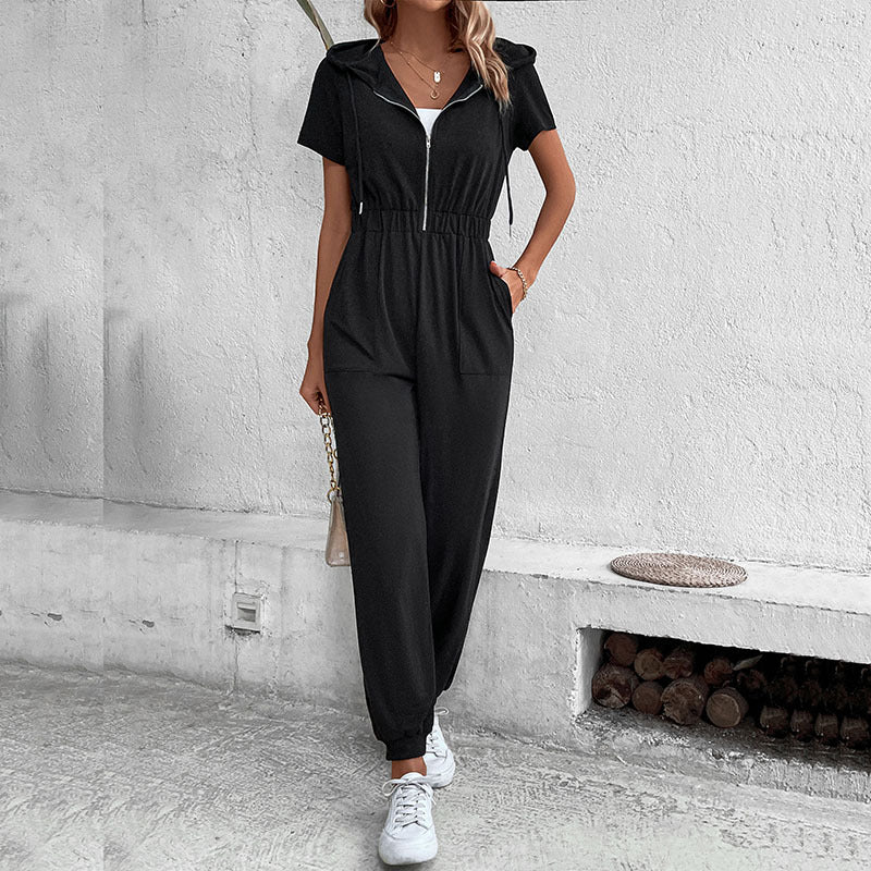European And American-style Hooded Workwear Casual Jumpsuit