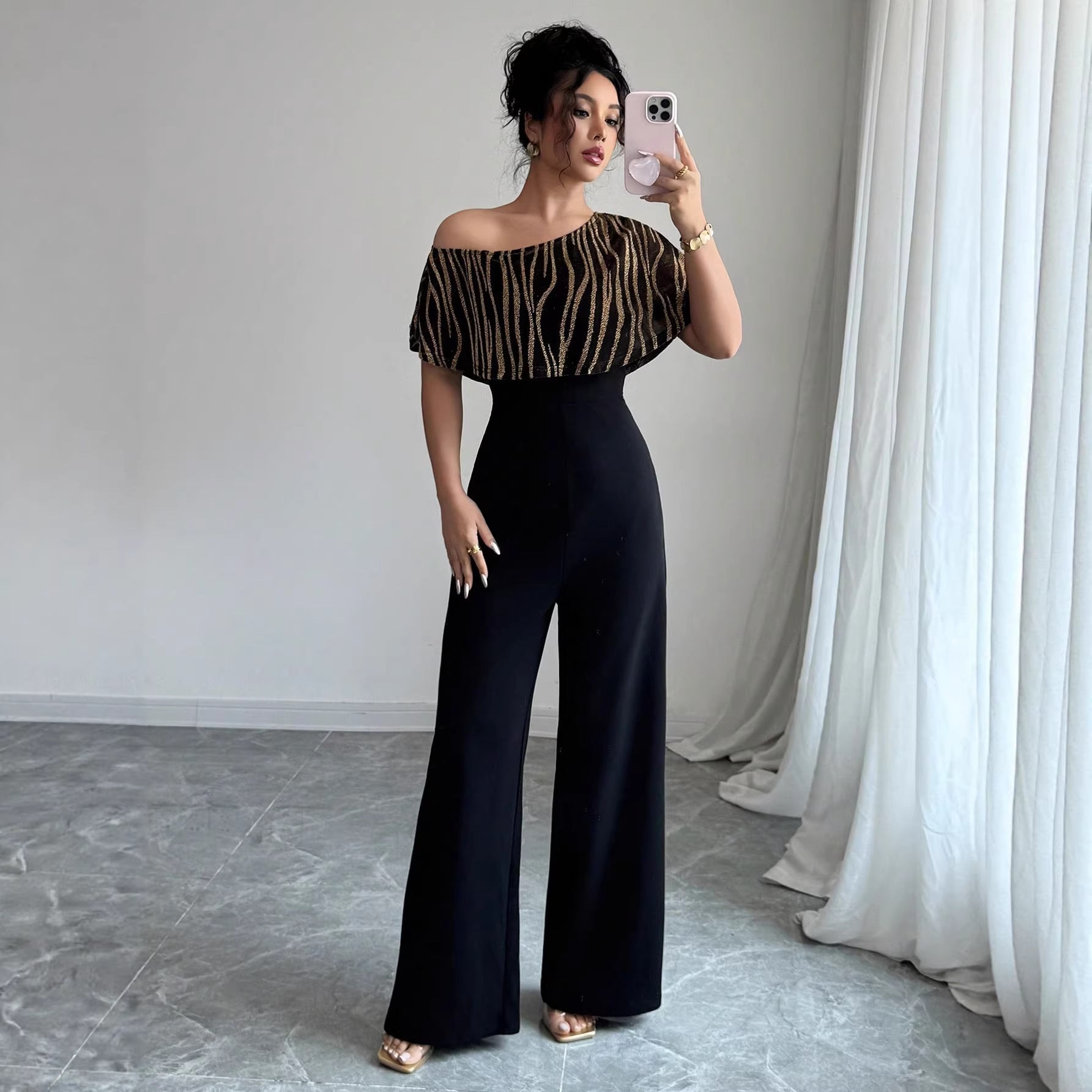 Elegant Geometric Print Slant Neck Ruffle Sleeve Jumpsuit