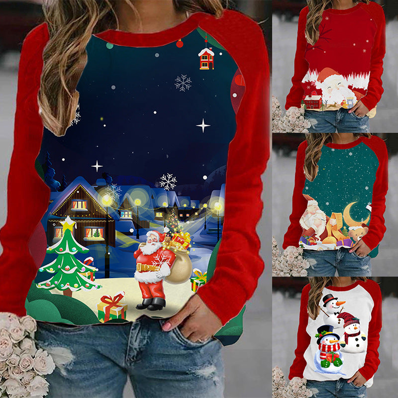 Women's Red Contrast Color Old Printed Long-sleeved T-shirt