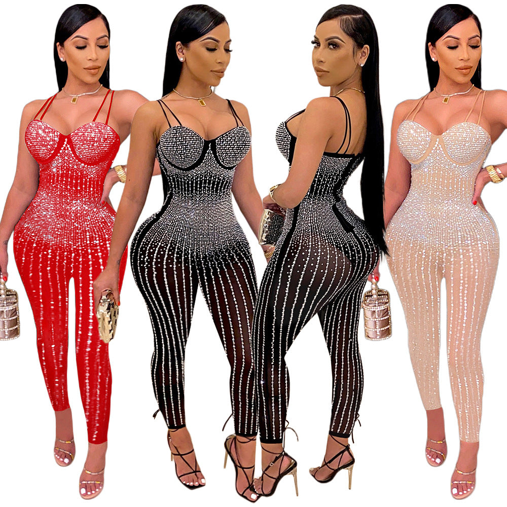 Sparkly Rhinestone Mesh Sleeveless Jumpsuit
