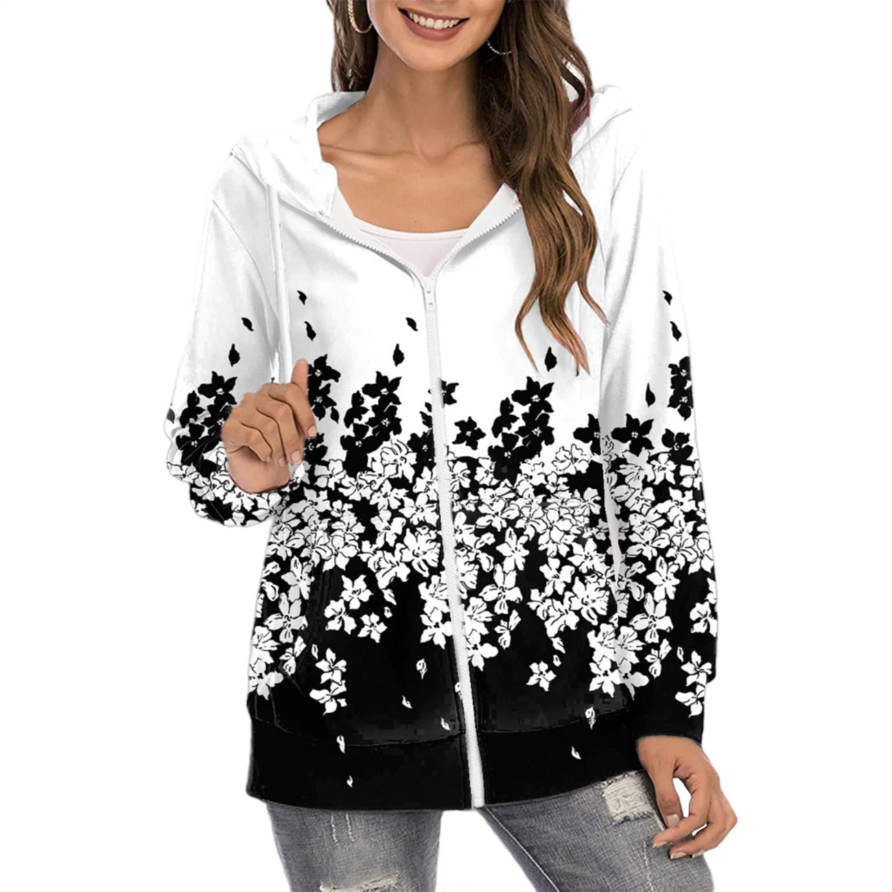 Women's Gradient Floral Print Zipper Commuter Hoodie
