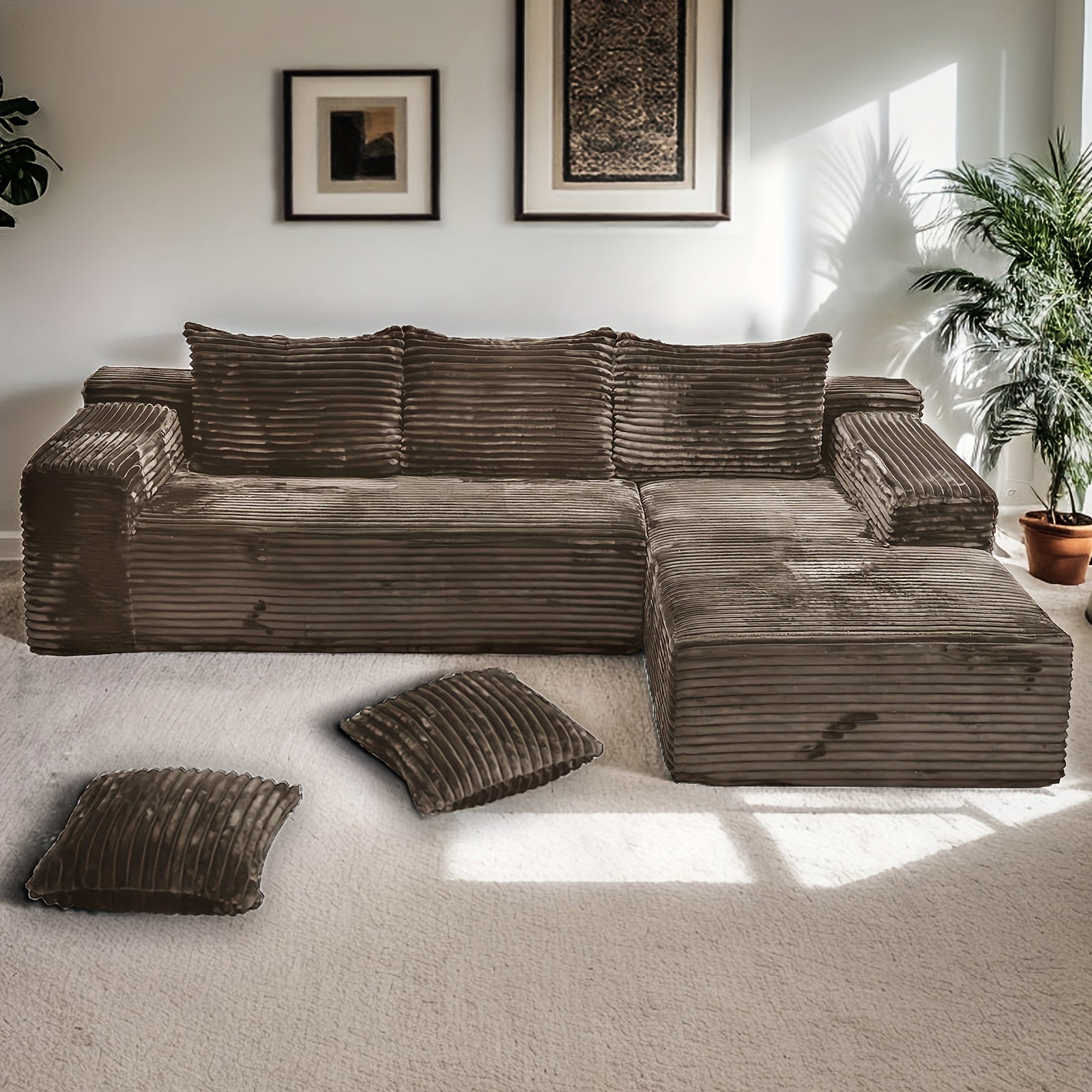 Modular L-shaped chaise longue sofa bed with deep seat and corduroy upholstery