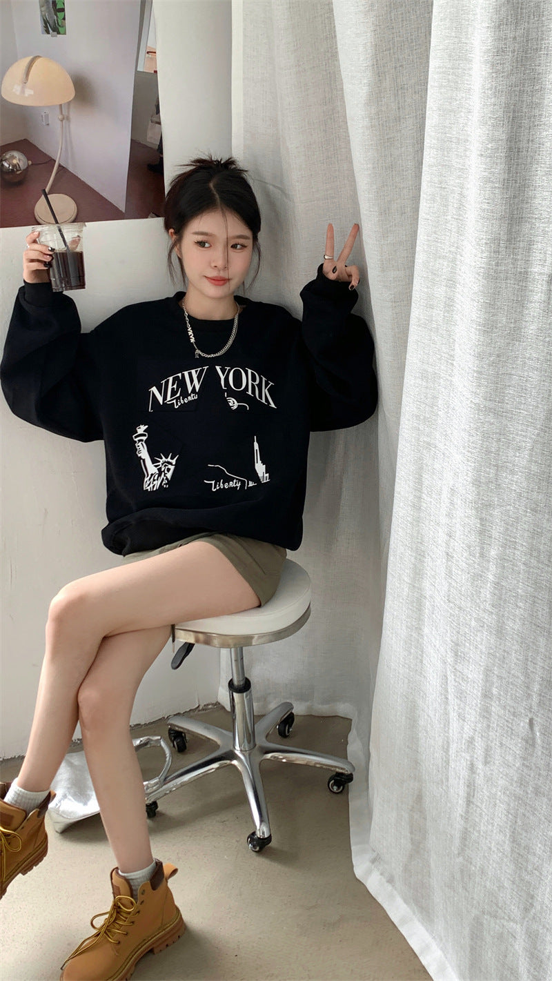 Printed Sweater Early Autumn New Retro Loose All-matching Slimming Top Women's Fashion