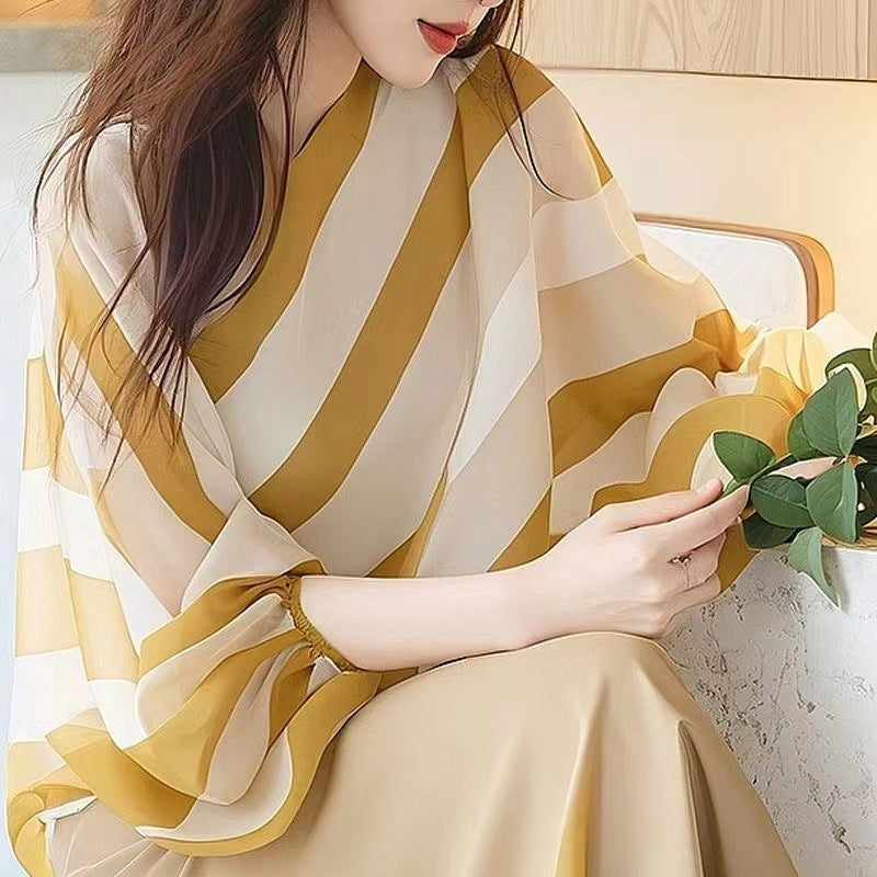 Yellow Top French High-end Striped Chiffon Three-quarter Sleeve