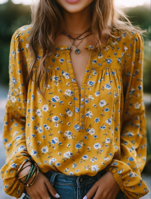 Printed Half-open Puff Sleeve Loose Chiffon Blouse