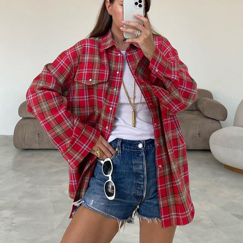 Women's Long-Sleeve Red Plaid Shirt