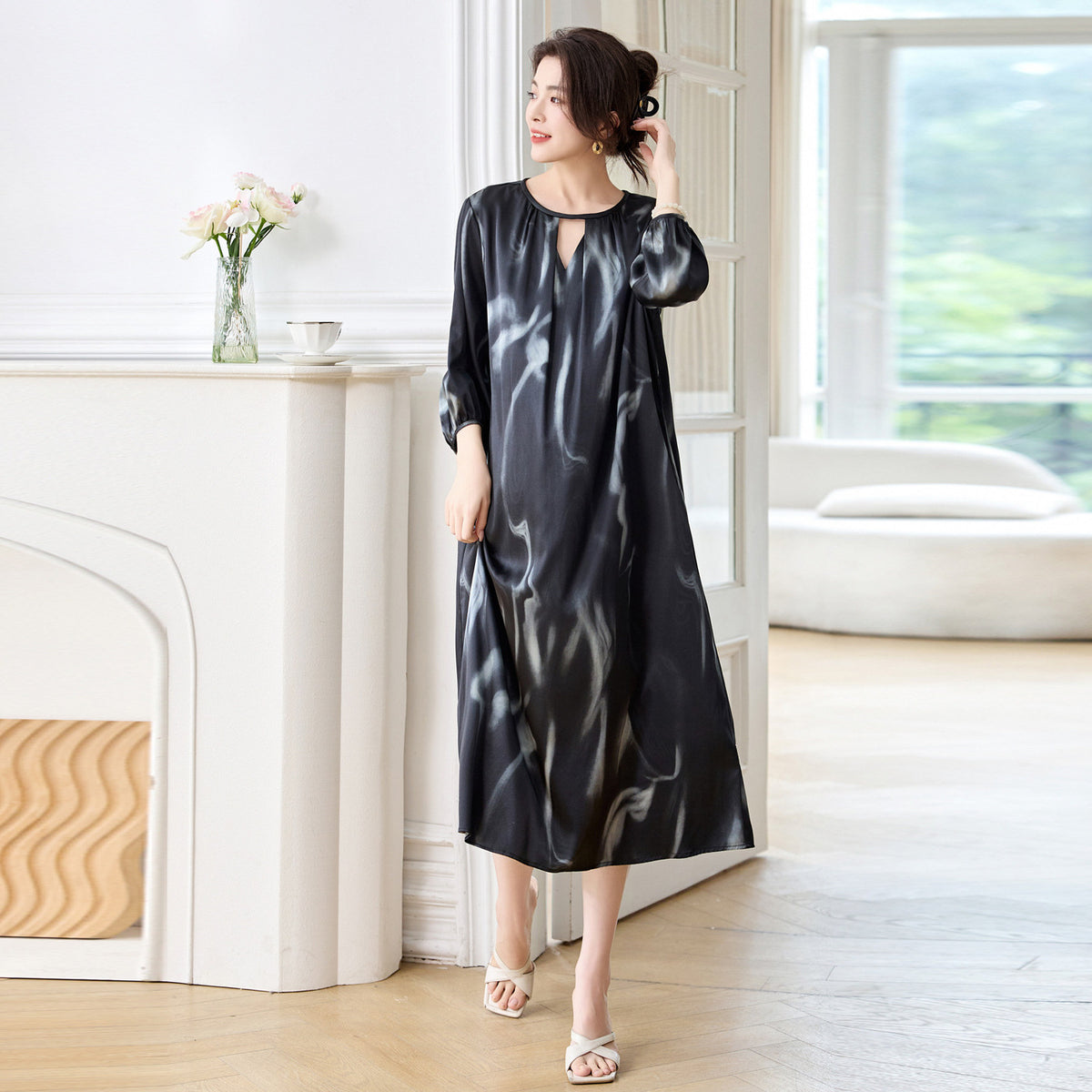 Silk A-Line Three-Quarter Sleeve Printed Midi Dress